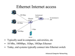 100 Mbps
100 Mbps
100 Mbps
1 Gbps
server
Ethernet
switch
Institutional
router
To Institution’s
ISP
Ethernet Internet access
 Typically used in companies, universities, etc
 10 Mbs, 100Mbps, 1Gbps, 10Gbps Ethernet
 Today, end systems typically connect into Ethernet switch
Advanced Computer Networking
 
