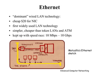 Ethernet
 ―dominant‖ wired LAN technology:
 cheap $20 for NIC
 first widely used LAN technology
 simpler, cheaper than token LANs and ATM
 kept up with speed race: 10 Mbps – 10 Gbps
Metcalfe’s Ethernet
sketch
Advanced Computer Networking
 