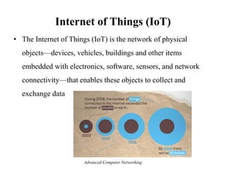 Internet of Things (IoT)
• The Internet of Things (IoT) is the network of physical
objects—devices, vehicles, buildings and other items
embedded with electronics, software, sensors, and network
connectivity—that enables these objects to collect and
exchange data
Advanced Computer Networking
 