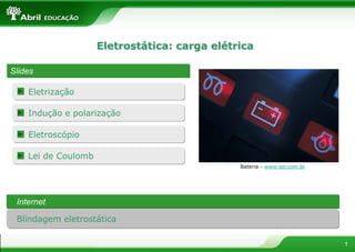 Eletrização
1
Eletrostática: carga elétrica
Slides
Bateria - www.ser.com.br
Lei de Coulomb
Indução e polarização
Eletroscópio
Internet
Blindagem eletrostática
 