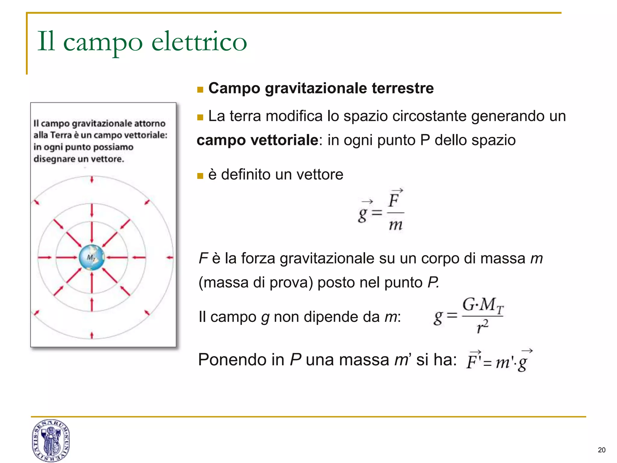 20
Il campo elettrico
 Campo gravitazionale terrestre
 La terra modifica lo spazio circostante generando un
campo vettoriale: in ogni punto P dello spazio
 è definito un vettore
F è la forza gravitazionale su un corpo di massa m
(massa di prova) posto nel punto P.
Il campo g non dipende da m:
Ponendo in P una massa m’ si ha:
 