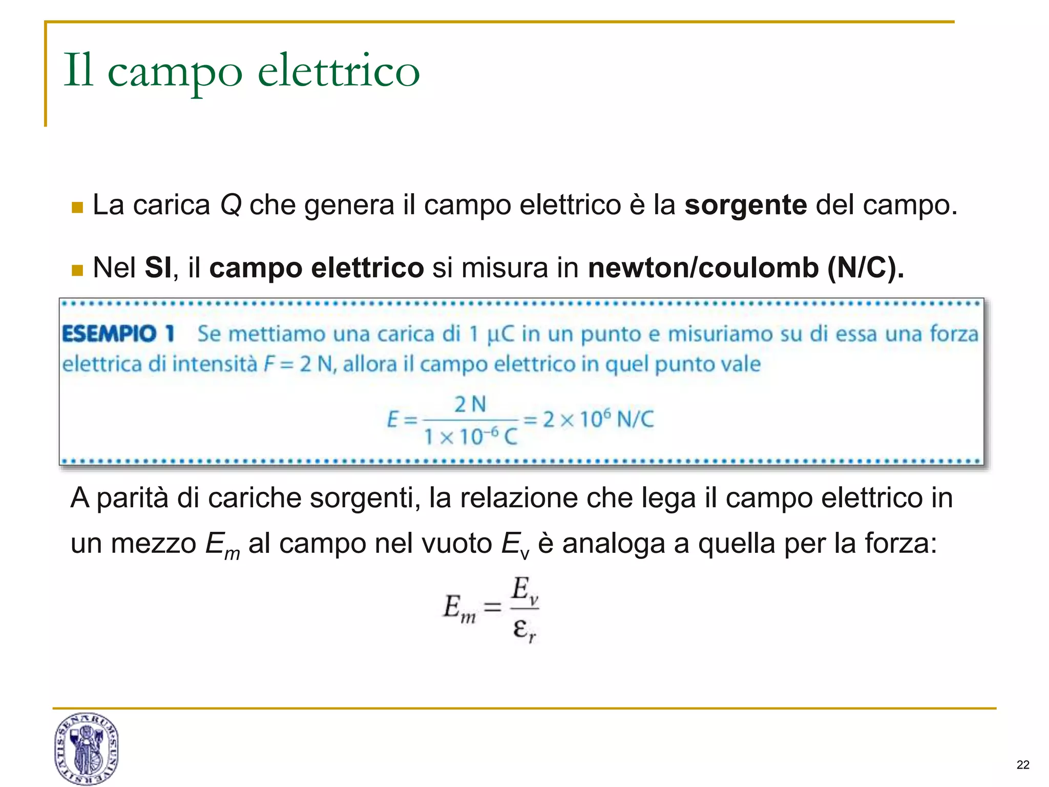 22
Il campo elettrico
 La carica Q che genera il campo elettrico è la sorgente del campo.
 Nel SI, il campo elettrico si misura in newton/coulomb (N/C).
A parità di cariche sorgenti, la relazione che lega il campo elettrico in
un mezzo Em al campo nel vuoto Ev è analoga a quella per la forza:
 