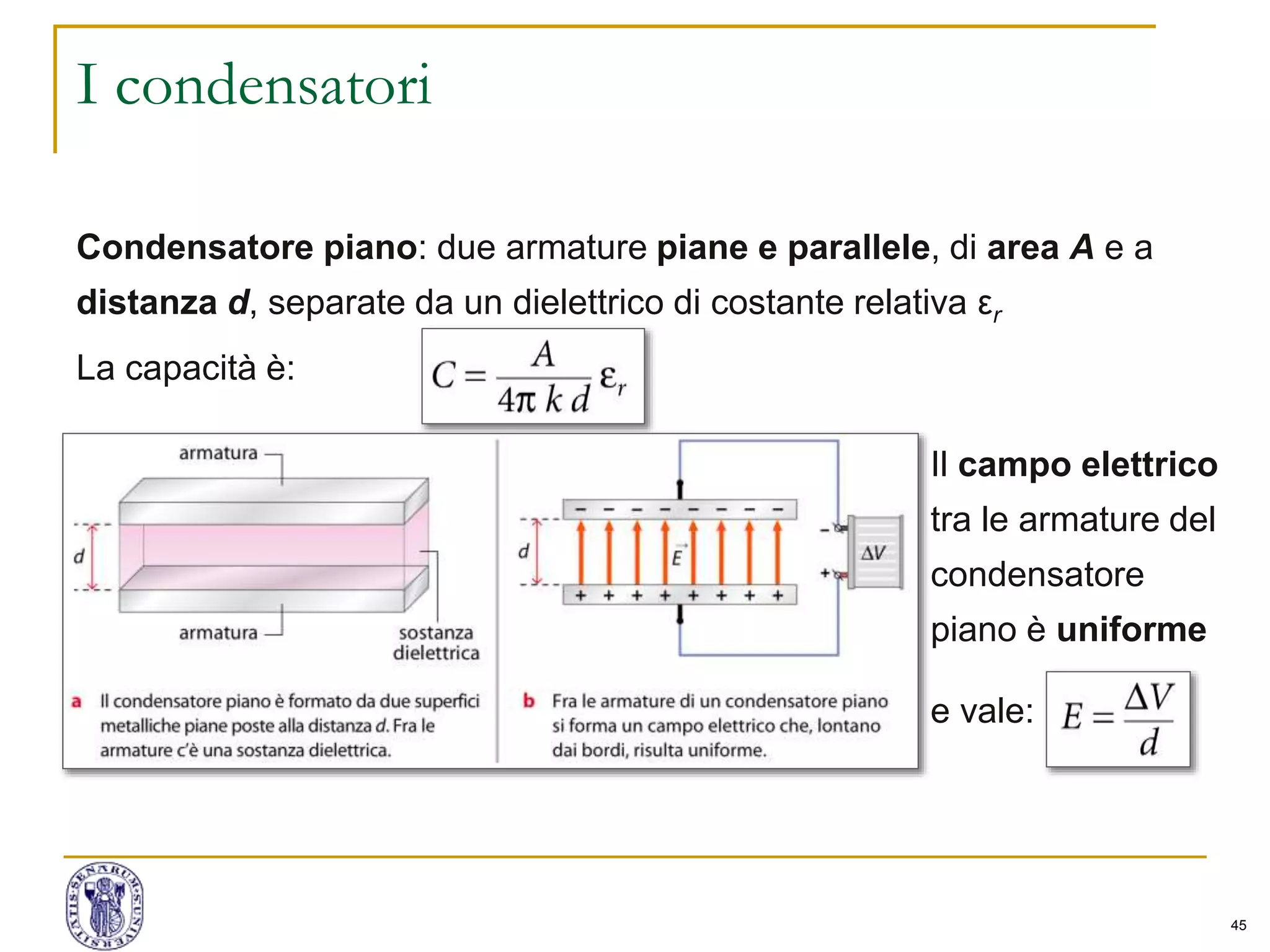 45
I condensatori
Condensatore piano: due armature piane e parallele, di area A e a
distanza d, separate da un dielettrico di costante relativa εr
La capacità è:
Il campo elettrico
tra le armature del
condensatore
piano è uniforme
e vale:
 