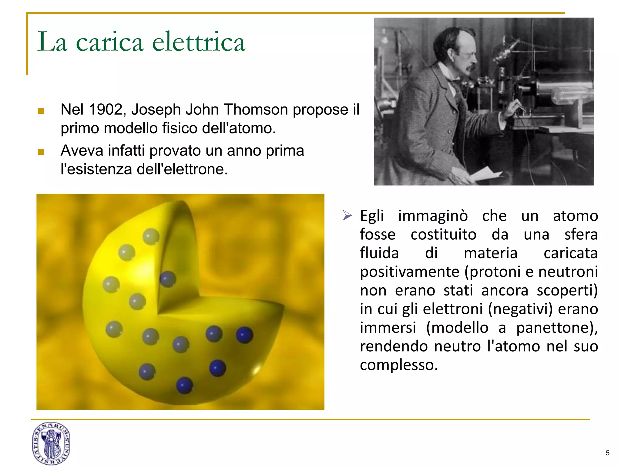 5
La carica elettrica
 Nel 1902, Joseph John Thomson propose il
primo modello fisico dell'atomo.
 Aveva infatti provato un anno prima
l'esistenza dell'elettrone.
 Egli immaginò che un atomo
fosse costituito da una sfera
fluida di materia caricata
positivamente (protoni e neutroni
non erano stati ancora scoperti)
in cui gli elettroni (negativi) erano
immersi (modello a panettone),
rendendo neutro l'atomo nel suo
complesso.
 