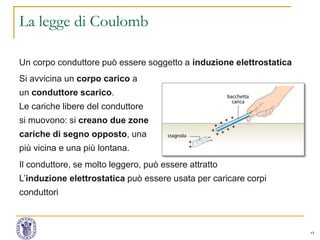 17
La legge di Coulomb
Un corpo conduttore può essere soggetto a induzione elettrostatica
Si avvicina un corpo carico a
un conduttore scarico.
Le cariche libere del conduttore
si muovono: si creano due zone
cariche di segno opposto, una
più vicina e una più lontana.
Il conduttore, se molto leggero, può essere attratto
L’induzione elettrostatica può essere usata per caricare corpi
conduttori
 