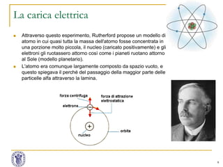 6
La carica elettrica
 Attraverso questo esperimento, Rutherford propose un modello di
atomo in cui quasi tutta la massa dell'atomo fosse concentrata in
una porzione molto piccola, il nucleo (caricato positivamente) e gli
elettroni gli ruotassero attorno così come i pianeti ruotano attorno
al Sole (modello planetario).
 L'atomo era comunque largamente composto da spazio vuoto, e
questo spiegava il perché del passaggio della maggior parte delle
particelle alfa attraverso la lamina.
 