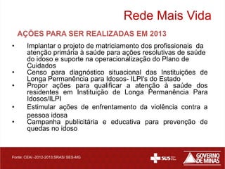 Rede Mais Vida
    AÇÕES PARA SER REALIZADAS EM 2013
•      Implantar o projeto de matriciamento dos profissionais da
       atenção primária à saúde para ações resolutivas de saúde
       do idoso e suporte na operacionalização do Plano de
       Cuidados
•      Censo para diagnóstico situacional das Instituições de
       Longa Permanência para Idosos- ILPI's do Estado
•      Propor ações para qualificar a atenção à saúde dos
       residentes em Instituição de Longa Permanência Para
       Idosos/ILPI
•      Estimular ações de enfrentamento da violência contra a
       pessoa idosa
•      Campanha publicitária e educativa para prevenção de
       quedas no idoso



Fonte: CEAI -2012-2013:SRAS/ SES-MG
 
