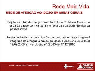 Rede Mais Vida
REDE DE ATENÇÃO AO IDOSO EM MINAS GERAIS

Projeto estruturador do governo do Estado de Minas Gerais na
  área da saúde com vistas à melhoria da qualidade de vida da
  pessoa idosa.

Fundamenta-se na constituição de uma rede macrorregional
  integrada de atenção à saúde do idoso. Resolução SES 1583
  19/09/2008 e Resolução nº. 2.603 de 07/12/2010




  Fonte: CEAI -2012-2013:SRAS/ SES-MG
 