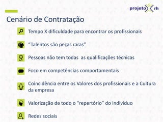 Cenário de Contratação
Tempo X dificuldade para encontrar os profissionais
“Talentos são peças raras”
Pessoas não tem todas as qualificações técnicas
Foco em competências comportamentais
Coincidência entre os Valores dos profissionais e a Cultura
da empresa
Valorização de todo o “repertório” do indivíduo
Redes sociais
 