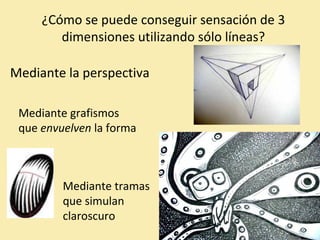 ¿Cómo se puede conseguir sensación de 3 
dimensiones utilizando sólo líneas? 
Mediante la perspectiva 
Mediante grafismos 
que envuelven la forma 
Mediante tramas 
que simulan 
claroscuro 
 