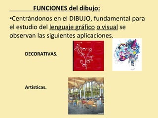 FUNCIONES del dibujo: 
•Centrándonos en el DIBUJO, fundamental para 
el estudio del lenguaje gráfico o visual se 
observan las siguientes aplicaciones. 
DECORATIVAS. 
Artísticas. 
 