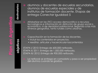 alumnos y docentes de escuelas secundarias,



destinatarios
                
                    alumnos de escuelas especiales y de
                    institutos de formación docente. Etapas de
                    entrega Conectar Igualdad 5

                   Alfabetizar en las (TIC) acceso democrático a recursos
                    tecnológicos e información sin distinción de grupo social o
                    económico, ni de densidad poblacional, llegando a las más
                    diversas geografías, tanto rurales como urbanas.


                   Capacitación en la formación de los docentes.
                    • incluir los contenidos en proyectos;
objetivos




                    • reeditar, articular y hacercircular loscontenidos

                ETAPA I/ 2010: Entrega de 600.000 netbooks.
                ETAPA II/ 2011: Entrega de 1.500.000 netbooks.
                ETAPA III/ 2012: Entrega de 900.000 netbooks.

                   La netbook se entrega en comodato y pasa a ser propiedad
                    del alumno cuando se gradúa.
 