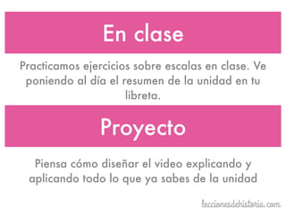 Practicamos ejercicios sobre escalas en clase. Ve
poniendo al día el resumen de la unidad en tu
libreta.
En clase
Piensa cómo diseñar el video explicando y
aplicando todo lo que ya sabes de la unidad
Proyecto
 