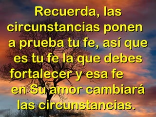 Recuerda, lasRecuerda, las
circunstancias ponencircunstancias ponen
a prueba tu fe, así quea prueba tu fe, así que
es tu fe la que debeses tu fe la que debes
fortalecer y esa fefortalecer y esa fe
en Su amor cambiaráen Su amor cambiará
las circunstancias.las circunstancias.
 