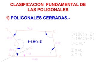 CLASIFICACION FUNDAMENTAL DE
LAS POLIGONALES
1) POLIGONALES CERRADAS.-
I=180(n-2)
 