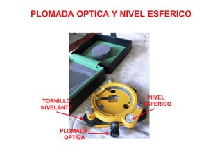 PLOMADA OPTICA Y NIVEL ESFERICO
NIVEL
ESFERICO
PLOMADA
OPTICA
TORNILLO
NIVELANTE
 