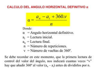 CALCULO DEL ANGULO HORIZONTAL DEFINITIVO α
α =
n
v
a
a i
n .
360


;
Donde:
α = Angulo horizontal definitivo.
ai = Lectura inicial.
an = Lectura final.
n = Número de repeticiones.
v = Número de vueltas de 360º.
Se debe recordar en este momento, que la primera lectura de
control del valor del ángulo, nos indicará cuantas veces “v”
hay que añadir 360º al valor (an – ai) antes de dividirlos por n.
 