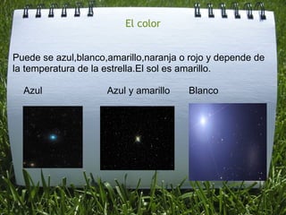 El color


Puede se azul,blanco,amarillo,naranja o rojo y depende de
la temperatura de la estrella.El sol es amarillo.

  Azul               Azul y amarillo   Blanco
 