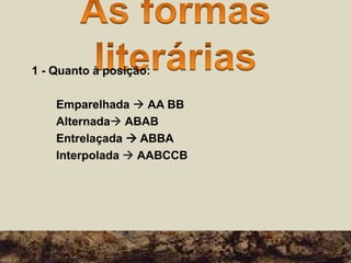 1 - Quanto à posição:
Emparelhada  AA BB
Alternada ABAB
Entrelaçada  ABBA
Interpolada  AABCCB
 