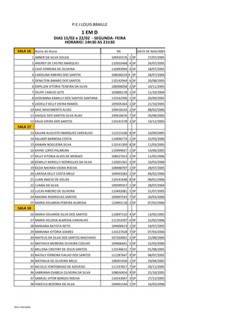 SALA 16 Nome do Aluno DATA DE NASCIMENTO
1 ABNER DA SILVA SOUZA 109335576 1 SP 27/07/2005
2 ANDREY DE CASTRO MARQUES 110502468 4 SP 26/07/2005
3 CAIO FERREIRA DE OLIVEIRA 110493904 6 SP 18/07/2005
4 CAROLINA RIBEIRO DOS SANTOS 108500224 X SP 28/07/2004
5 DENILTON AMARO DOS SANTOS 110142944 6 SP 20/08/2005
6 EMYLLEN VITORIA TEIXEIRA DA SILVA 108306058 2 SP 10/11/2005
7 FELIPE CANCIO LEITE 105806178 1 SP 11/10/2004
8 GIOVANNA KAMILLY DOS SANTOS SANTANA 110142396 1 SP 20/09/2005
9 JADIELLY KELLY VIEIRA RAMOS 109305364 1 SP 21/10/2005
10 KAIC NASCIMENTO ALVES 109418143 2 SP 08/02/2006
11 KAIQUE DOS SANTOS SILVA RUAS 109418476 7 SP 20/08/2005
12 KAUA VIEIRA DOS SANTOS 110141578 2 SP 19/12/2005
SALA 17
13 KAUAN AUGUSTO MARQUES CARVALHO 112215168 8 SP 10/09/2005
14 KAUANY BARBOSA COSTA 110496774 1 SP 25/03/2006
15 KAWAN NOGUEIRA SILVA 110141309 8 SP 11/03/2005
16 KAYKE LOPES PALMEIRA 110499027 1 SP 14/06/2005
17 KELLY VITORIA ALVES DE MORAES 108327413 2 SP 11/05/2006
18 KEMILLY ADRIELLY RODRIGUES DA SILVA 110501361 3 SP 10/03/2006
19 KEZIA NAYARA VIEIRA ROCHA 108488707 1 SP 28/07/2005
20 LARISSA KELLY COSTA MELO 109493383 1 SP 04/02/2006
21 LUAN INACIO DE SOUZA 110141648 8 SP 08/01/2006
22 LUANA DA SILVA 109399357 1 SP 28/07/2004
23 LUCAS RIBEIRO DE OLIVEIRA 110492081 5 SP 31/07/2005
24 MAIARA RODRIGUES SANTOS 109407543 7 SP 20/03/2006
25 MARIA EDUARDA PEREIRA ALMEIDA 110492118 2 SP 07/02/2006
SALA 18
26 MARIA EDUARDA SILVA DOS SANTOS 110497210 4 SP 13/05/2005
27 MARIA HELOISA ALMEIDA CARVALHO 111352597 6 SP 22/02/2006
28 MARIANA BATISTA NETO 109400619 1 SP 18/07/2005
29 MARIANA VITÓRIA SOARES 110137428 7 SP 07/03/2006
30 MATEUS DA SILVA DOS SANTOS MACHADO 107203061 5 SP 22/08/2004
31 MATHEUS MOREIRA OLIVEIRA COELHO 109406441 5 SP 22/03/2006
32 MILLENA CRISTINY DE JESUS SANTOS 110146615 7 SP 01/08/2005
33 NATALY FERREIRA FIALHO DOS SANTOS 111287647 9 SP 08/07/2005
34 NATHALIA DE OLIVEIRA MELO 108301434 1 SP 29/04/2005
35 NICOLLE FONTEBASSO DE AZEVEDO 111337817 7 SP 29/11/2005
36 SABRINNA ESABELA OLIVEIRA DA SILVA 108650454 9 SP 25/10/2005
37 SAMUEL VITOR BORGES ROCHA 110143047 3 SP 27/12/2005
38 VINICIUS BEZERRA DA SILVA 109401544 1 SP 16/03/2006
RA
P.E.I LOUIS BRAILLE
1 EM D
DIAS 15/02 e 22/02 - SEGUNDA- FEIRA
HORÁRIO: 14h30 ÀS 21h30
Sem restrições
 