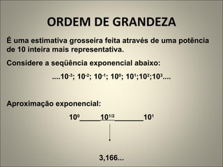 ORDEM DE GRANDEZA É uma estimativa grosseira feita através de uma potência de 10 inteira mais representativa. Considere a seqüência exponencial abaixo: ....10 -3 ; 10 -2 ; 10 -1 ; 10 0 ; 10 1 ;10 2 ;10 3 .... Aproximação exponencial: 10 0 _____ 10 1/2 _______10 1 3,166... 