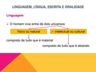 LINGUAGEM, LÍNGUA, ESCRITA E ORALIDADE
Linguagem
 O homem vive entre de dois universos:
composto de tudo que é material
composto de tudo que é abstrato
físico ou natural  intelectual ou cultural
 
