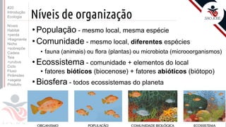 ©
Níveis de organização
•População - mesmo local, mesma espécie
•Comunidade - mesmo local, diferentes espécies
• fauna (animais) ou flora (plantas) ou microbiota (microoorganismos)
•Ecossistema - comunidade + elementos do local
• fatores bióticos (biocenose) + fatores abióticos (biótopo)
•Biosfera - todos ecossistemas do planeta
Prof. Kyoshi Beraldo
©
#20
Introdução
Ecologia
Níveis
Habitat
>perda
>fragmenta
Nicho
>sobrepõe
Cadeia
Teia
>urubus
Ciclo
Fluxo
Pirâmides
>vegeta
Produtiv.
 