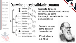 Prof. Kyoshi Beraldo
©
Darwin: ancestralidade comum
Exemplo da teoria
Ancestrais da cobra com variados
tamanhos de perna
Locomoção na areia é ruim com
pernas grandes
Principal obra
em 1859
Somente os sem-
perna deixaram
descendentes
#02 - Um
pouco de
Evolução
Por quê?
Macacos
Bactérias
Variabilid.
Histórico
Lamarck
Darwin
Tardígrado
 