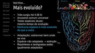 Você disse...
Mais evoluído?
• Vida surgiu há 4,56 bi
• Ancestral comum universal
• Todas espécies atuais:
mesmo tempo de evolução
• Nenhuma espécie é mais evoluída
do que a outra
• Adaptação: sobreviver bem onde
se vive
• Espécie não adaptada → extinção
• Repórteres e tardígrados estão
igualmente adaptados
#02 - Um
pouco de
Evolução
Por quê?
Macacos
Bactérias
Variabilid.
Histórico
Lamarck
Darwin
Tardígrado
 