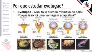 Prof. Kyoshi Beraldo
©
?
Por que estudar evolução?
• Evolução - Qual foi a história evolutiva do olho?
Porque isso foi uma vantagem adaptativa?
#02 - Um
pouco de
Evolução
Por quê?
Macacos
Bactérias
Variabilid.
Histórico
Lamarck
Darwin
Tardígrado
 