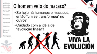 Prof. Kyoshi Beraldo
©
O homem veio do macaco?
•Se hoje há humanos e macacos,
então “um se transformou” no
outro?
•Cuidado com a idéia de
“evolução linear”!
#02 - Um
pouco de
Evolução
Por quê?
Macacos
Bactérias
Variabilid.
Histórico
Lamarck
Darwin
Tardígrado
 