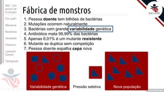 Prof. Kyoshi Beraldo
©
Fábrica de monstros
1. Pessoa doente tem bilhões de bactérias
2. Mutações ocorrem naturalmente
3. Bactérias com grande variabilidade genética
4. Antibiótico mata 99,99% das bactérias
5. Apenas 0,01% é um mutante resistente
6. Mutante se duplica sem competição
7. Pessoa doente espalha cepa nova
Variabilidade genética Pressão seletiva Nova população
#02 - Um
pouco de
Evolução
Por quê?
Macacos
Bactérias
Variabilid.
Histórico
Lamarck
Darwin
Tardígrado
 