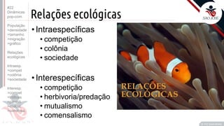 ©
Relações ecológicas
•Intraespecíficas
• competição
• colônia
• sociedade
•Interespecíficas
• competição
• herbivoria/predação
• mutualismo
• comensalismo
Prof. Kyoshi Beraldo
©
#22
Dinâmicas
pop-com.
População
>densidade
>tamanho
>migração
>gráfico
Relações
ecológicas
Intraesp.
>compet
>colônia
>sociedade
Interesp.
>compet
>tróficas
>parasit.
>mutual.
>comensa.
 