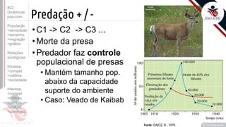 ©
Predação + / -
•C1 -> C2 -> C3 ...
•Morte da presa
•Predador faz controle
populacional de presas
• Mantém tamanho pop.
abaixo da capacidade
suporte do ambiente
• Caso: Veado de Kaibab
Prof. Kyoshi Beraldo
©
#22
Dinâmicas
pop-com.
População
>densidade
>tamanho
>migração
>gráfico
Relações
ecológicas
Intraesp.
>compet
>colônia
>sociedade
Interesp.
>compet
>tróficas
>parasit.
>mutual.
>comensa.
 