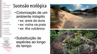 ©
Sucessão ecológica
•Colonização de um
ambiente inóspito
• ex: areia da duna
• ex: rocha na praia
• ex: ilha vulcânica
•Substituição de
espécies ao longo
do tempo
#22
Dinâmicas
pop-com.
População
>densidade
>tamanho
>migração
>gráfico
Relações
ecológicas
Intraesp.
>compet
>colônia
>sociedade
Interesp.
>compet
>tróficas
>parasit.
>mutual.
>comensa.
 