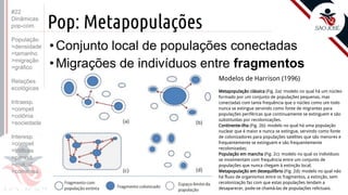 ©
Pop: Metapopulações
•Conjunto local de populações conectadas
•Migrações de indivíduos entre fragmentos
©
Modelos de Harrison (1996)
Metapopulação clássica (Fig. 2a): modelo no qual há um núcleo
formado por um conjunto de populações pequenas, mas
conectadas com tanta frequência que o núcleo como um todo
nunca se extingue servindo como fonte de migrantes para
populações periféricas que continuamente se extinguem e são
substituídas por recolonizações.
Continente-ilha (Fig. 2b): modelo no qual há uma população
nuclear que é maior e nunca se extingue, servindo como fonte
de colonizadores para populações satélites que são menores e
frequentemente se extinguem e são frequentemente
recolonizadas;
População em mancha (Fig. 2c): modelo no qual os indivíduos
se movimentam com frequência entre um conjunto de
populações que nunca chegam à extinção local;
Metapopulação em desequilíbrio (Fig. 2d): modelo no qual não
há fluxo de organismos entre os fragmentos, a extinção, sem
recolonização faz com que estas populações tendam a
desaparecer, pode-se chamá-las de populações relictuais.
#22
Dinâmicas
pop-com.
População
>densidade
>tamanho
>migração
>gráfico
Relações
ecológicas
Intraesp.
>compet
>colônia
>sociedade
Interesp.
>compet
>tróficas
>parasit.
>mutual.
>comensa.
 