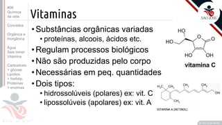 ©
Vitaminas
•Substâncias orgânicas variadas
• proteínas, alcoois, ácidos etc.
•Regulam processos biológicos
•Não são produzidas pelo corpo
•Necessárias em peq. quantidades
•Dois tipos:
• hidrossolúveis (polares) ex: vit. C
• lipossolúveis (apolares) ex: vit. A
Prof. Kyoshi Beraldo
©
#06
Química
da vida
Conceitos
Orgânica e
Inorgânica
Água
Sais miner.
Vitamina
Carboidrato
> glicose
Lipídios
> fosfolip.
Proteínas
> enzimas
 