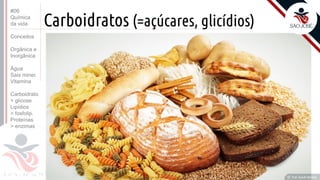 ©
Carboidratos (=açúcares, glicídios)
Prof. Kyoshi Beraldo
©
#06
Química
da vida
Conceitos
Orgânica e
Inorgânica
Água
Sais miner.
Vitamina
Carboidrato
> glicose
Lipídios
> fosfolip.
Proteínas
> enzimas
 