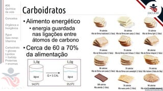 ©
Carboidratos
•Alimento energético
• energia guardada
nas ligações entre
átomos de carbono
•Cerca de 60 a 70%
da alimentação
Prof. Kyoshi Beraldo
©
#06
Química
da vida
Conceitos
Orgânica e
Inorgânica
Água
Sais miner.
Vitamina
Carboidrato
> glicose
Lipídios
> fosfolip.
Proteínas
> enzimas
 