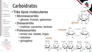 ©
Carboidratos
•Três tipos moleculares
• Monossacarídio
• glicose, frutose, galactose
• Dissacarídio
• maltose, sacarose, lactose
• Polissacarídio
• amido (ex: batata, trigo)
• celulose
• glicogênio
Prof. Kyoshi Beraldo
©
#06
Química
da vida
Conceitos
Orgânica e
Inorgânica
Água
Sais miner.
Vitamina
Carboidrato
> glicose
Lipídios
> fosfolip.
Proteínas
> enzimas
 