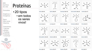 ©
Proteínas
•20 tipos
• em todos
os seres
vivos!
Prof. Kyoshi Beraldo
©
#06
Química
da vida
Conceitos
Orgânica e
Inorgânica
Água
Sais miner.
Vitamina
Carboidrato
> glicose
Lipídios
> fosfolip.
Proteínas
> enzimas
 