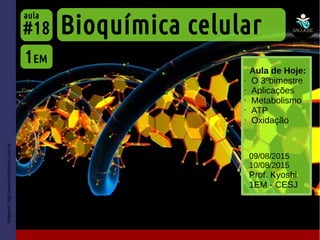 Imagem:http://www.escolacvi.com.br
Aula de Hoje:
• O 3ºbimestre
• Aplicações
• Metabolismo
• ATP
• Oxidação
Bioquímica celular
1EM
#18
aula
09/08/2015
10/08/2015
Prof. Kyoshi
1EM - CESJ
 