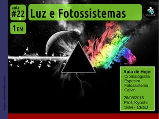 Imagem:ultradownloads.com.br
Aula de Hoje:
• Cromatografia
• Espectro
• Fotossistema
• Calvin
Luz e Fotossistemas
1EM
#22
aula
28/08/2015
Prof. Kyoshi
1EM - CESJ
 