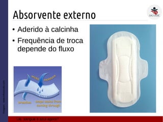 Absorvente externo
Imagem:www.infoescola.com
● Aderido à calcinha
● Frequência de troca
depende do fluxo
Ué, sangue é azul agora?
 