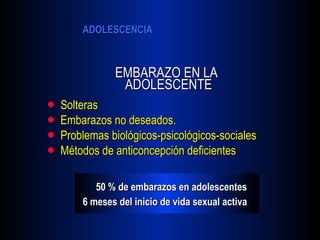 Solteras  Embarazos no deseados. Problemas biológicos-psicológicos-sociales Métodos de anticoncepción deficientes  EMBARAZO EN LA ADOLESCENTE 50 % de embarazos en adolescentes 6 meses del inicio de vida sexual activa 