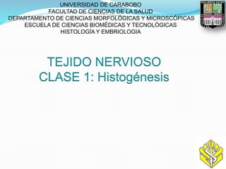 UNIVERSIDAD DE CARABOBO
FACULTAD DE CIENCIAS DE LA SALUD
DEPARTAMENTO DE CIENCIAS MORFOLÓGICAS Y MICROSCÓPICAS
ESCUELA DE CIENCIAS BIOMÉDICAS Y TECNOLÓGICAS
HISTOLOGÍA Y EMBRIOLOGIA
TEJIDO NERVIOSO
CLASE 1: Histogénesis
 
