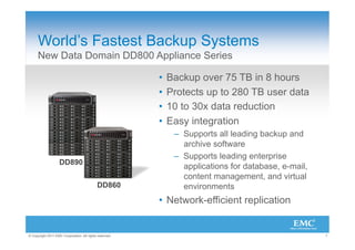 World’s Fastest Backup Systems
      New Data Domain DD800 Appliance Series

                                                         •  Backup over 75 TB in 8 hours
                                                         •  Protects up to 280 TB user data
                                                         •  10 to 30x data reduction
                                                         •  Easy integration
                                                            –  Supports all leading backup and
                                                               archive software
                                                            –  Supports leading enterprise
                    DD890
                                                               applications for database, e-mail,
                                                               content management, and virtual
                                            DD860              environments
                                                         •  Network-efficient replication


© Copyright 2011 EMC Corporation. All rights reserved.                                              7
 