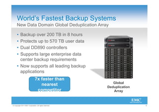 World’s Fastest Backup Systems
      New Data Domain Global Deduplication Array

      •  Backup over 200 TB in 8 hours
      •  Protects up to 570 TB user data
      •  Dual DD890 controllers
      •  Supports large enterprise data
         center backup requirements
      •  Now supports all leading backup
         applications
                                7x faster than
                                                            Global
                                   nearest               Deduplication
                                 competitor                 Array



© Copyright 2011 EMC Corporation. All rights reserved.                   8
 
