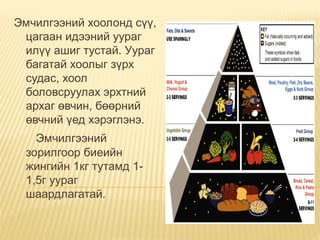 Эмчилгээний хоолонд сүү,
цагаан идээний уураг
илүү ашиг тустай. Уураг
багатай хоолыг зүрх
судас, хоол
боловсруулах эрхтний
архаг өвчин, бөөрний
өвчний үед хэрэглэнэ.
      Эмчилгээний
зорилгоор биеийн
жингийн 1кг тутамд 1-
1,5г уураг
шаардлагатай.
 