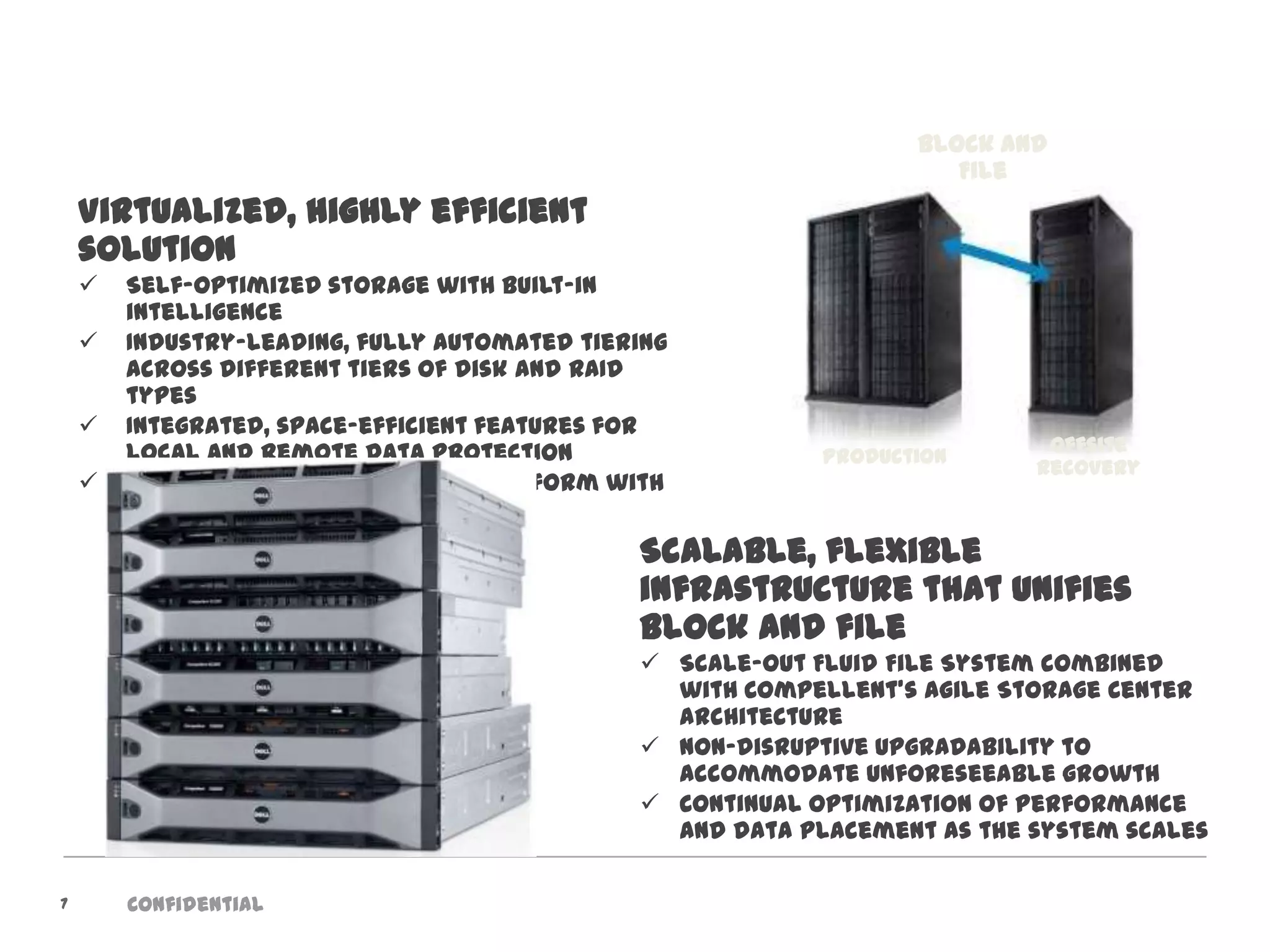 Dell Compellent’s unifying architecture
                                                                  Block and
                                                                     File
    Virtualized, highly efficient
    solution
       Self-optimized storage with built-in
        intelligence
       Industry-leading, fully automated tiering
        across different tiers of disk and RAID
        types
       Integrated, space-efficient features for
        local and remote data protection                                   Offsite
                                                           Production
                                                                          Recovery
       Resilient, highly-available platform with
        award-winning Copilot Support
                                              Scalable, flexible
                                              infrastructure that unifies
                                              block and file
                                               Scale-out Fluid File System combined
                                                with Compellent’s agile Storage Center
                                                architecture
                                               Non-disruptive upgradability to
                                                accommodate unforeseeable growth
                                               Continual optimization of performance
                                                and data placement as the system scales

7       Confidential
 
